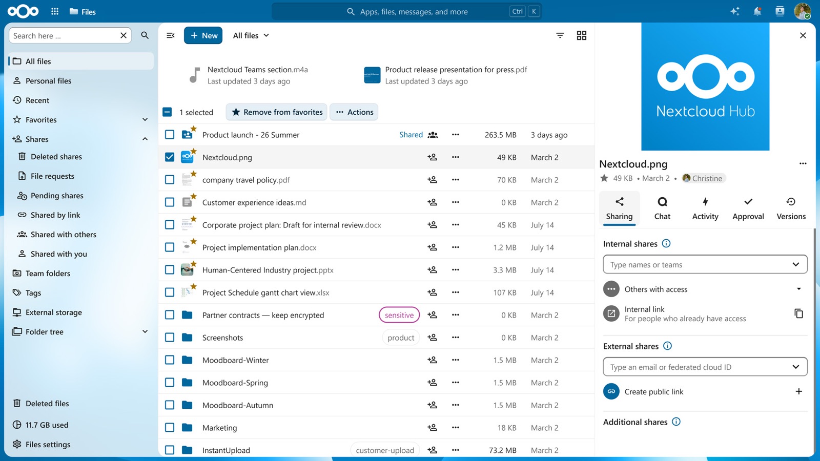 Nextcloud Files mit Dateiliste und Freigabe-Dialog