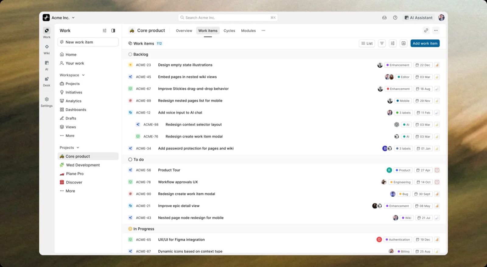 Plane mit Liste von Work Items gruppiert nach Status